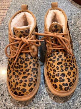 UGG Neumel Leopard Classic boots featuring a distinctive calf hair upper Size 8